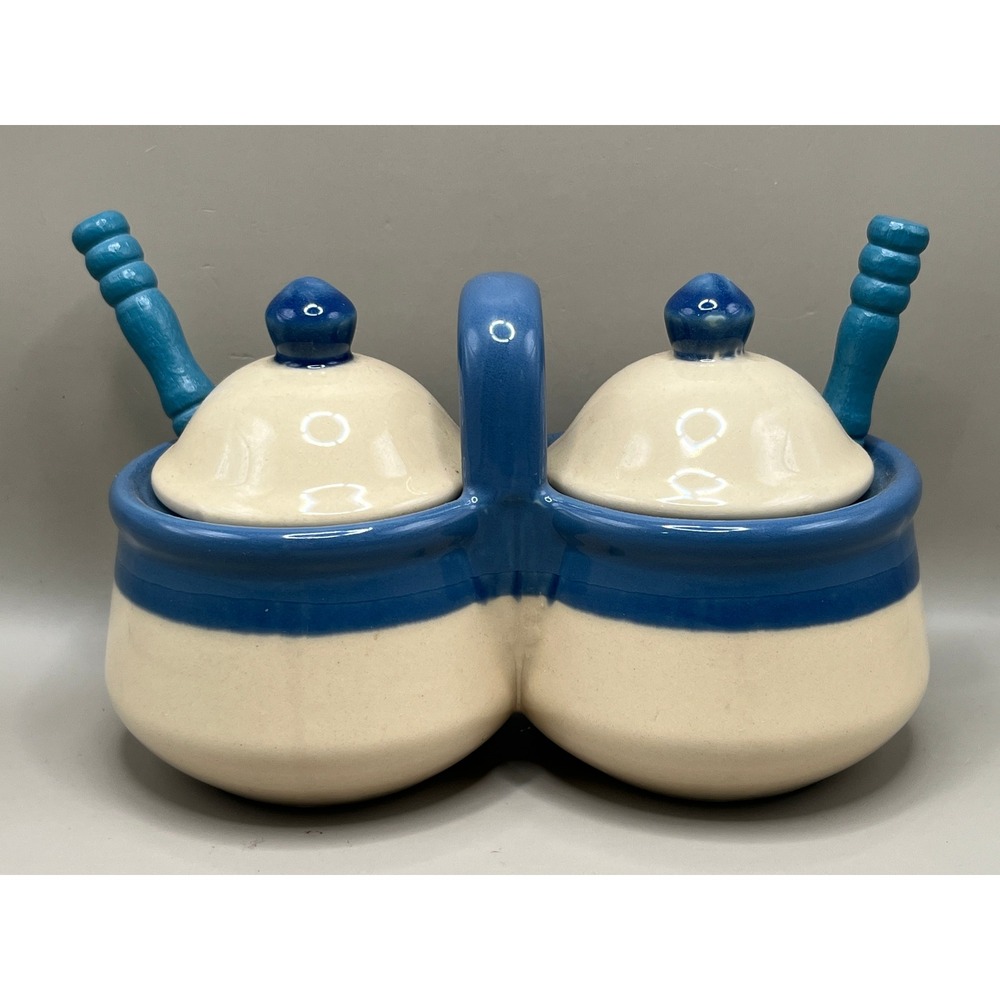 Blue Cream Ceramic Double Condiment Jam Caddy Lids Spoons Set Cottagecore Vtg
